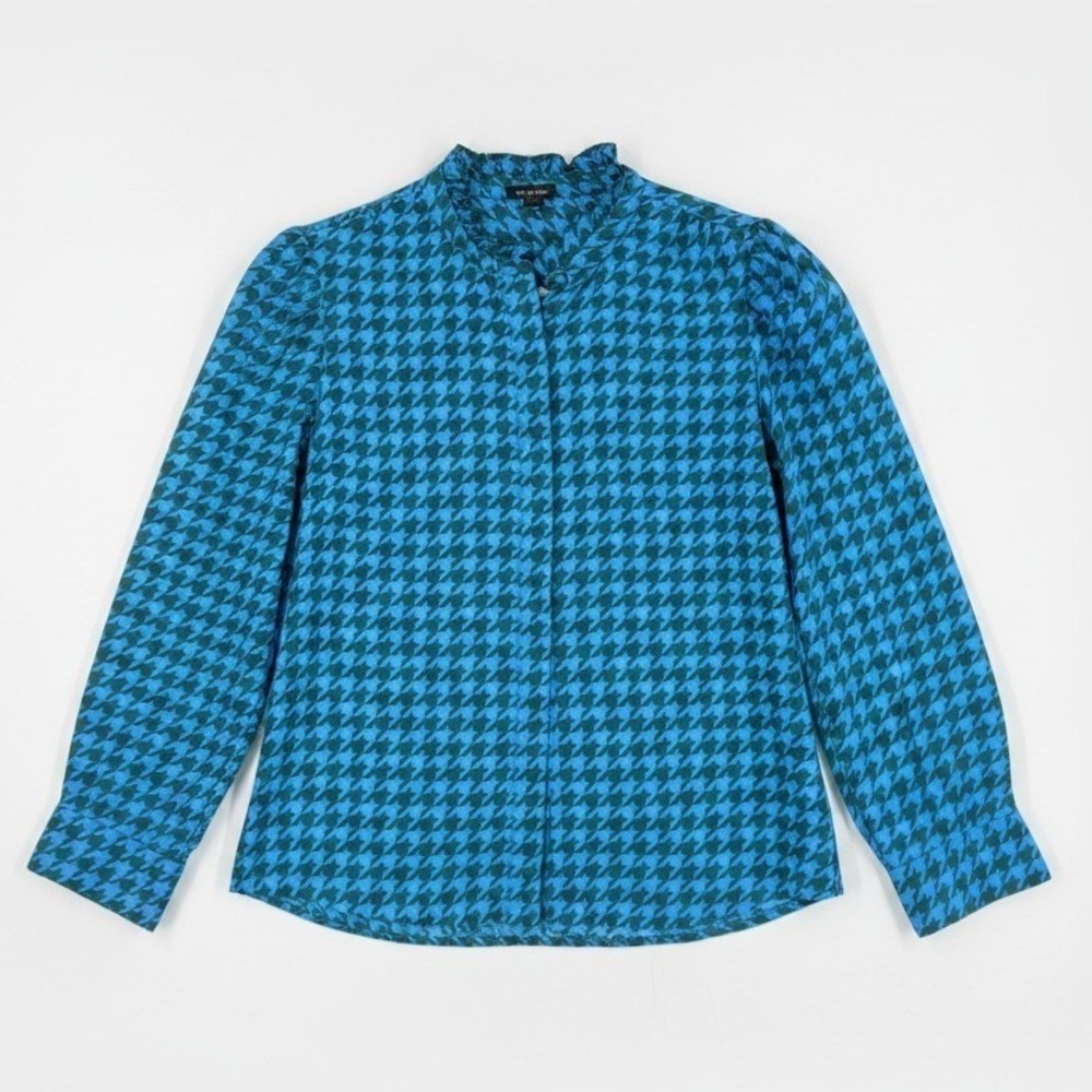 Ann Taylor Houndstooth Ruffle Mock Neck Button Down Blouse Long Sleeve Size M